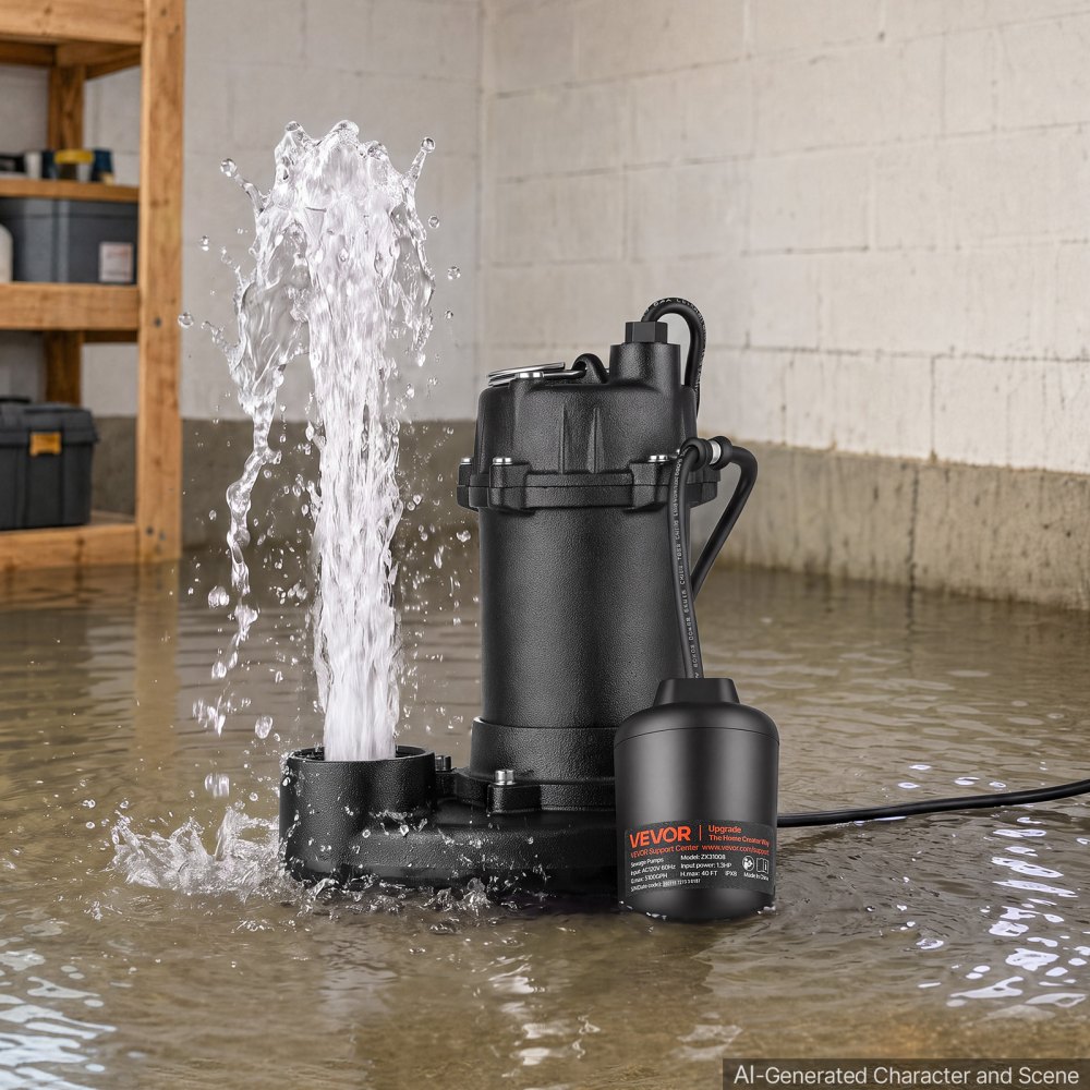VEVOR Submersible Sump Pump 1.3 HP 5100 GPH Cast Iron Sewage/Effluent Pump, for Basement Septic Tank Residential, Automatic Tethered Float Switch, 2-Inch NPT Discharge, 40 ft Lift, IPX8 Waterproof