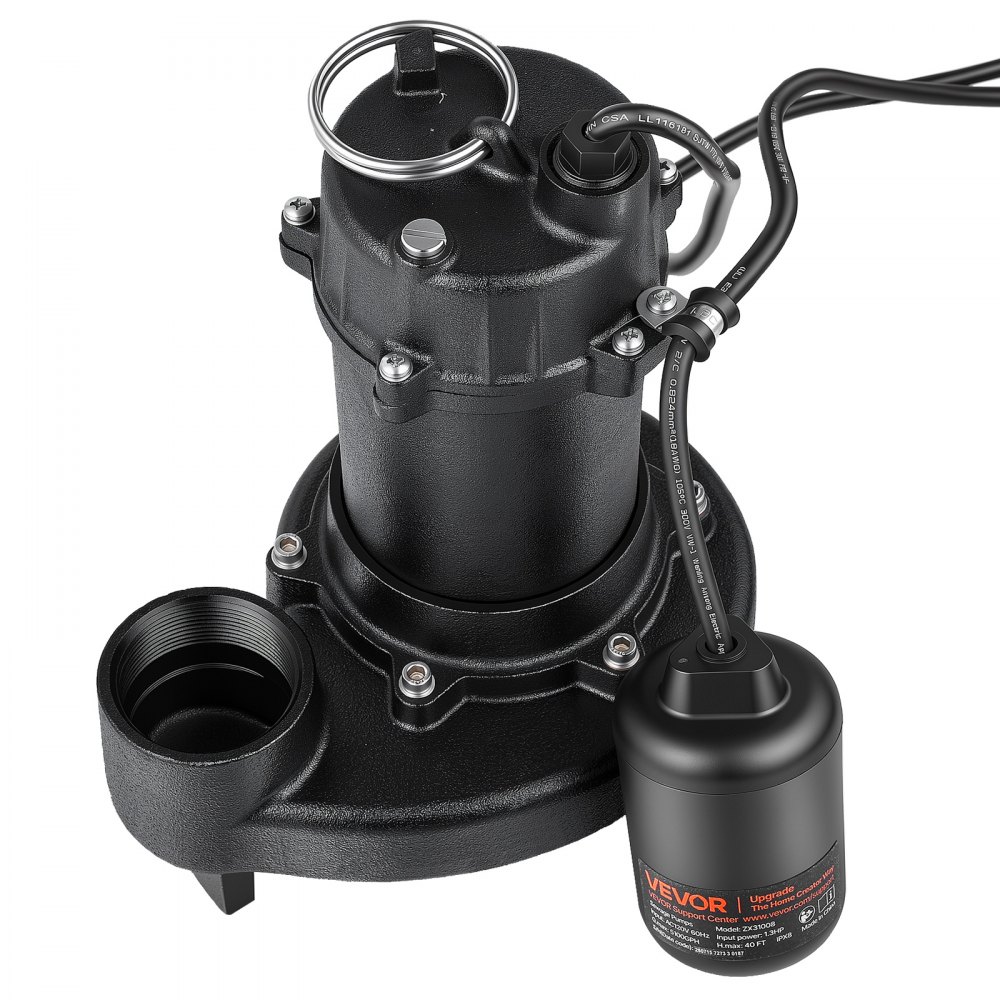 VEVOR Submersible Sump Pump 1.3 HP 5100 GPH Cast Iron Sewage/Effluent Pump, for Basement Septic Tank Residential, Automatic Tethered Float Switch, 2-Inch NPT Discharge, 40 ft Lift, IPX8 Waterproof