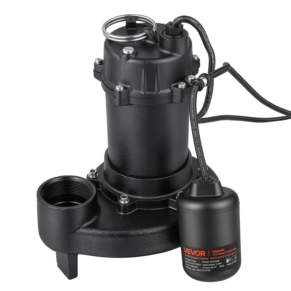 VEVOR Submersible Sump Pump 1.3 HP 5100 GPH Cast Iron Sewage/Effluent Pump, for Basement Septic Tank Residential, Automatic Tethered Float Switch, 2-Inch NPT Discharge, 40 ft Lift, IPX8 Waterproof