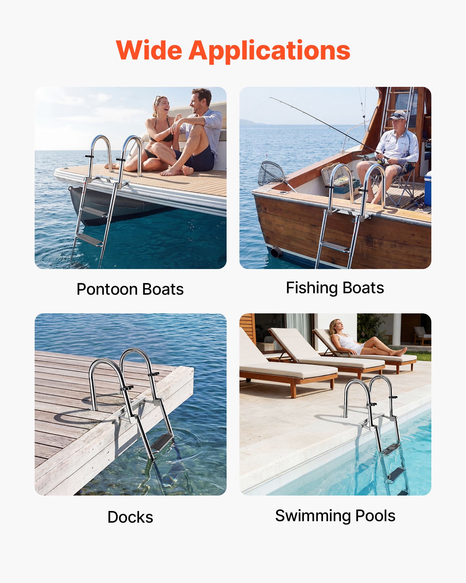 VEVOR Boat Ladder, 4 Steps, Stainless Steel Telescoping Folding Swim Deck Ladder for Rear Entry Inboard, 272.16 kg Capacity, Extra Wide Anti-Slip Steps & Handrails, for Outboards, Yacht, Pontoon Boats