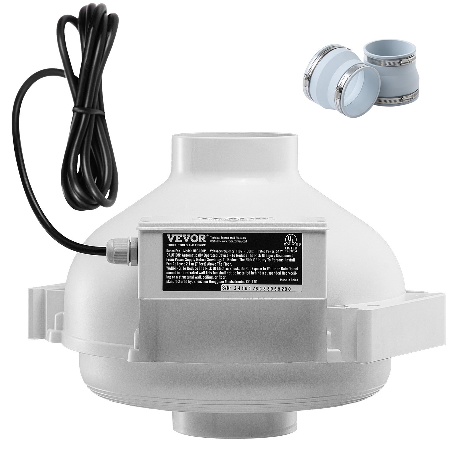 VEVOR 4 to 4.5 inch Radon Mitigation Fan System, Quiet 190 CFM Radon Mitigation Kit with 2 Couplers, Waterproof Radon Fan Electric Inline Duct Fan Exhaust Fan for Indoor Outdoor Ventilation