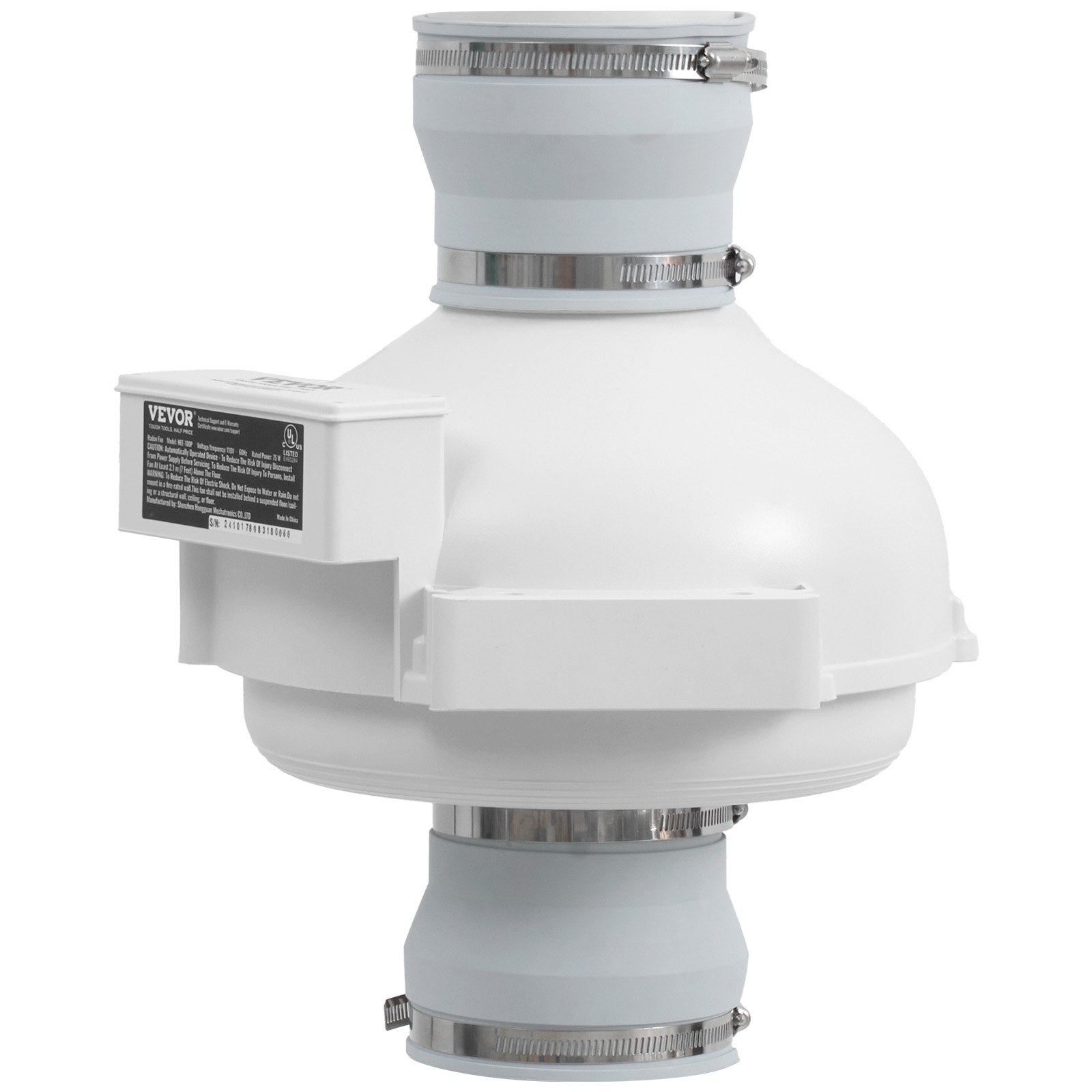 VEVOR 4 to 4.5 inch Radon Mitigation Fan System, Quiet 190 CFM Radon Mitigation Kit with 2 Couplers, Waterproof Radon Fan Electric Inline Duct Fan Exhaust Fan for Indoor Outdoor Ventilation