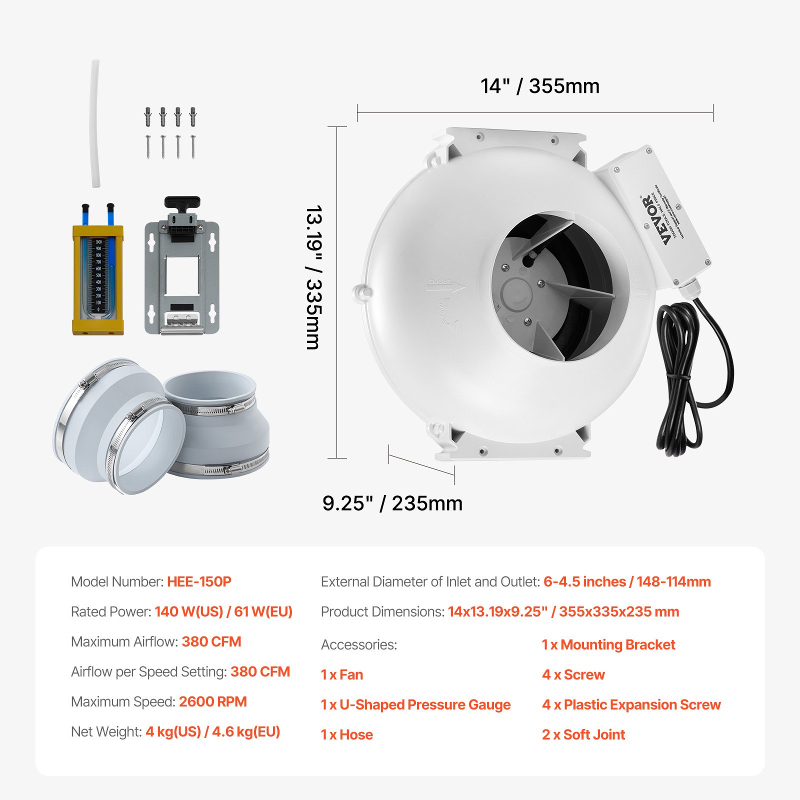 VEVOR 6 to 4.5 inch Radon Fan Installation Kit, Quiet 380CFM Radon Mitigation Fan System Kit with 2 Couplers, Pressure Indicator, Waterproof Inline Duct Fan Exhaust Fan for Indoor Outdoor Ventilation