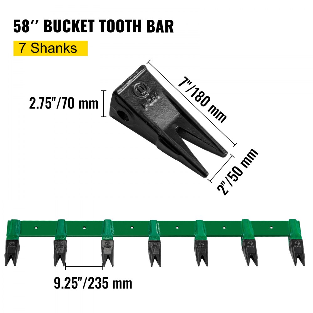 VEVOR Bucket Tooth Bar, 58'' Bolt on Tooth Bar, with 7 Weld-on Shanks and 7'' Long Replaceable Tooth, Heavy Duty Cast Iron Design, Clamp-On for Tractor Loader Bucket - No Drilling Required