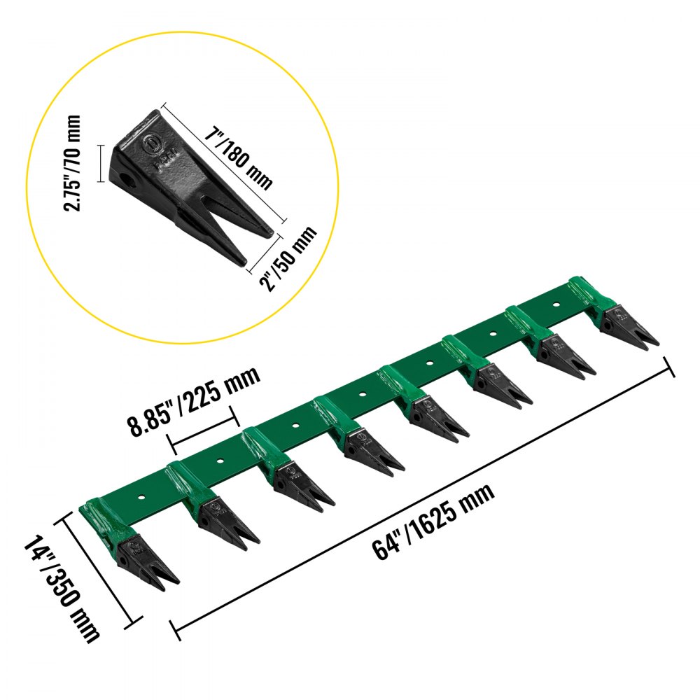 VEVOR Bucket Tooth Bar, 64\'\' Bolt on Tooth Bar, with 8 Weld-on Shanks and 7\'\' Long Replaceable Tooth, Heavy Duty Cast Iron Design, Clamp-On for Tractor Loader Bucket - No Drilling Required