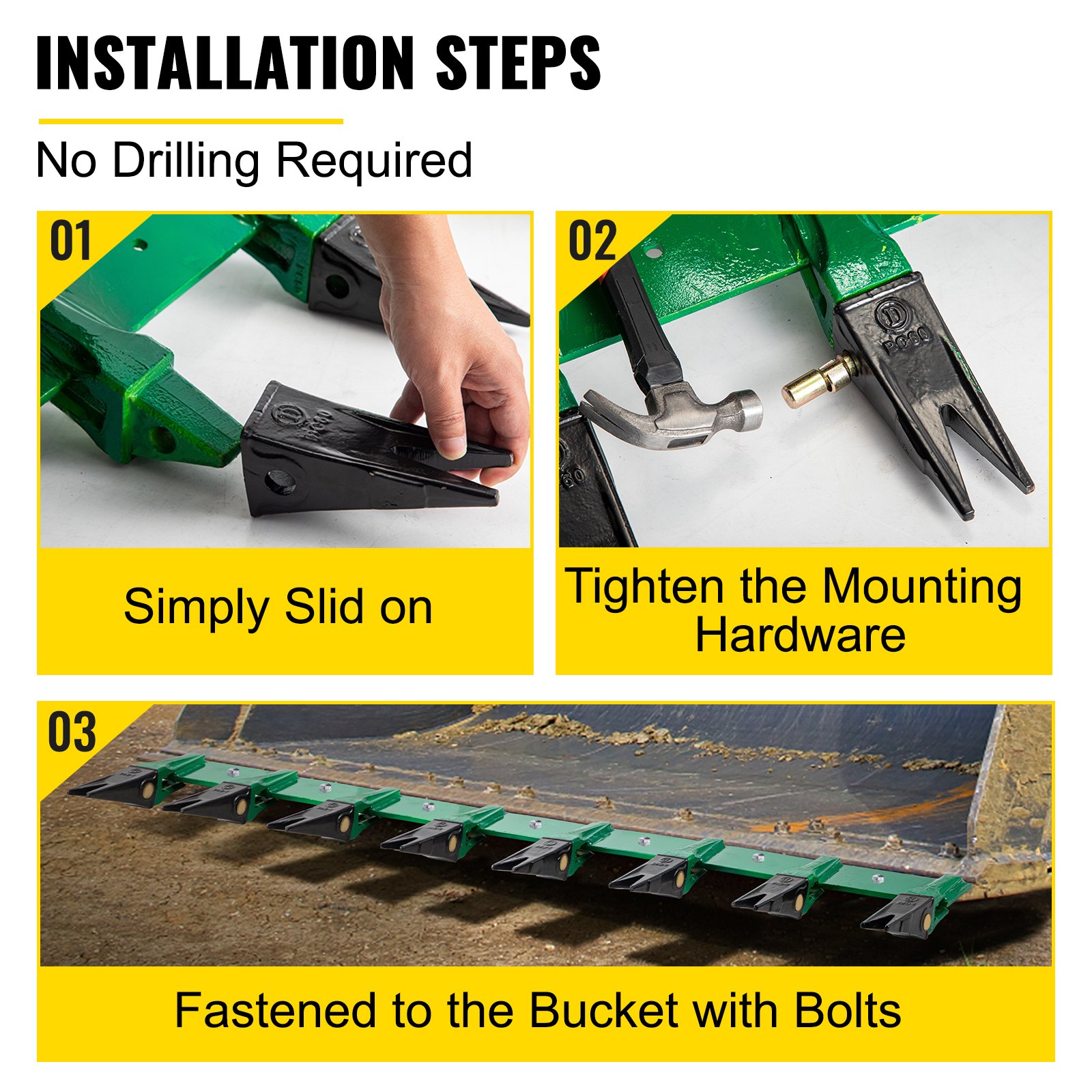 VEVOR Bucket Tooth Bar, 64\'\' Bolt on Tooth Bar, with 8 Weld-on Shanks and 7\'\' Long Replaceable Tooth, Heavy Duty Cast Iron Design, Clamp-On for Tractor Loader Bucket - No Drilling Required