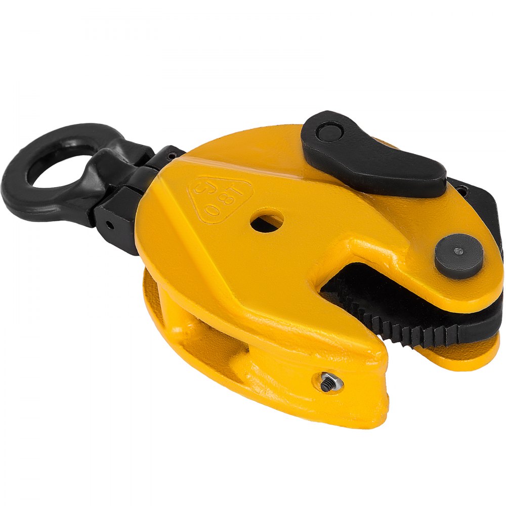 yellow VEVOR plate lifting clamp with black grip and hook.