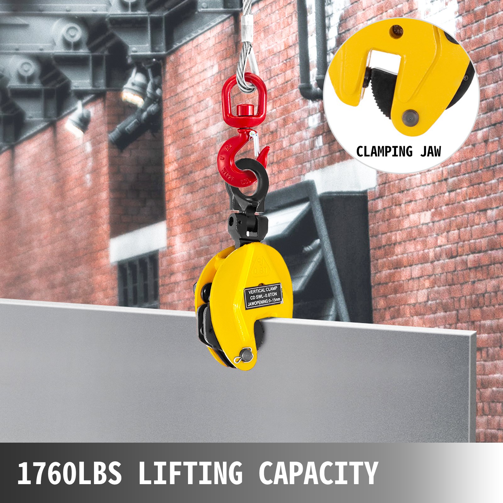 VEVOR plate lifting clamp with 1760lbs capacity and clamping jaw in use.