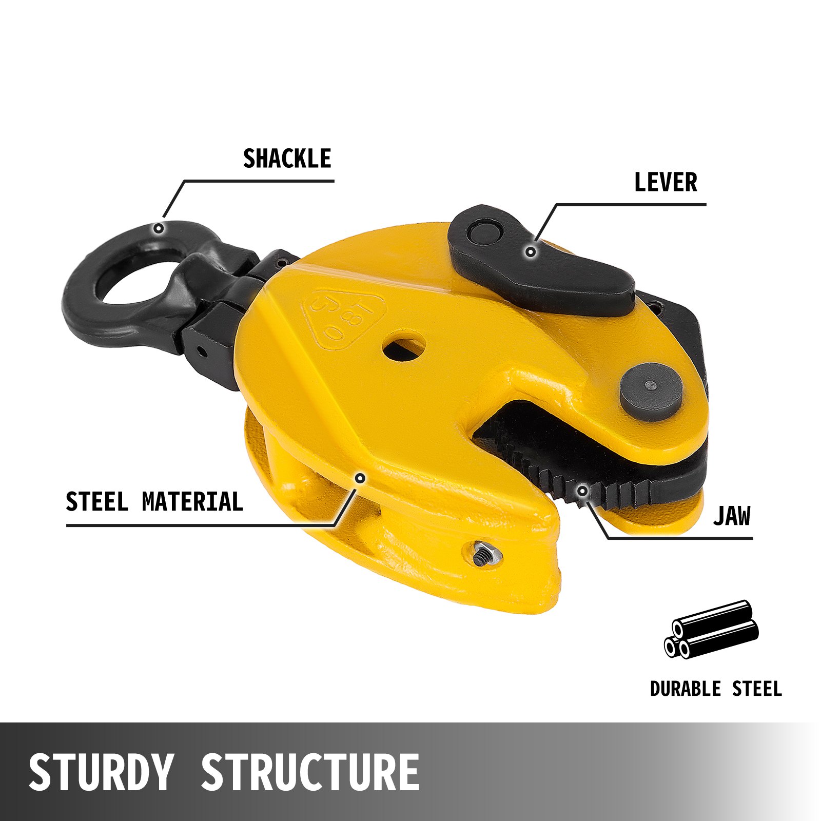 VEVOR plate lifting clamp with lever, shackle, jaw, and durable steel material.