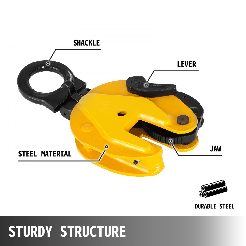 yellow VEVOR plate lifting clamp made of durable steel with labeled parts.