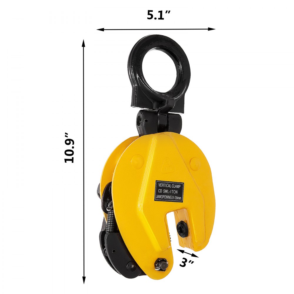 yellow VEVOR plate lifting clamp with dimensions labeled 10.9&quot; x 5.1&quot; x 3&quot;.