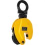 yellow vertical clamp by VEVOR plate lifting clamp with black hook and label.