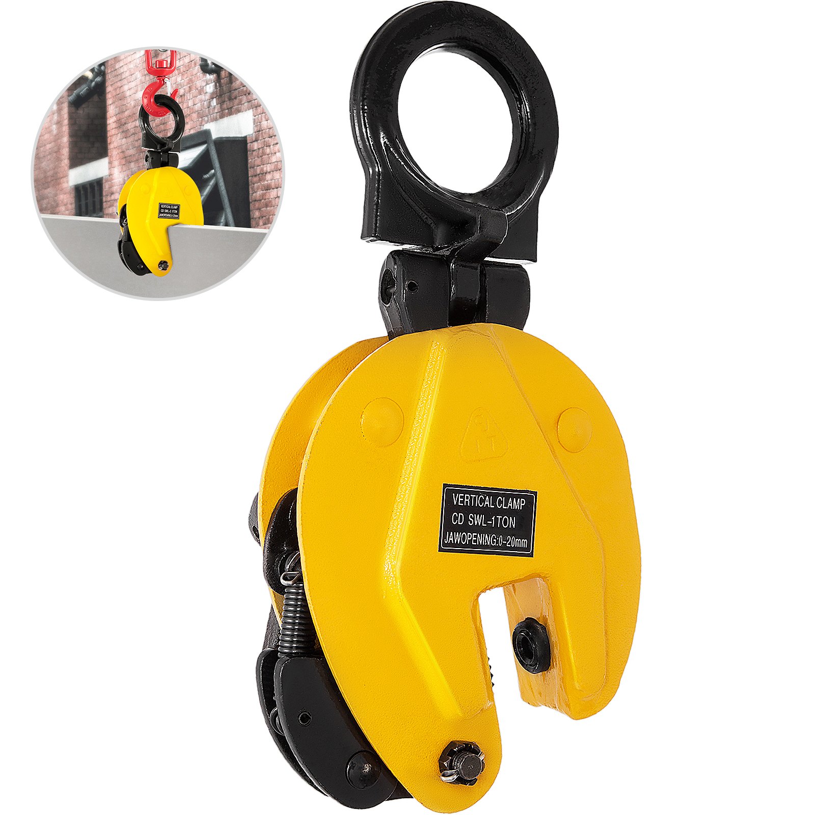 yellow VEVOR plate lifting clamp with a black hook, close-up and in-use view.