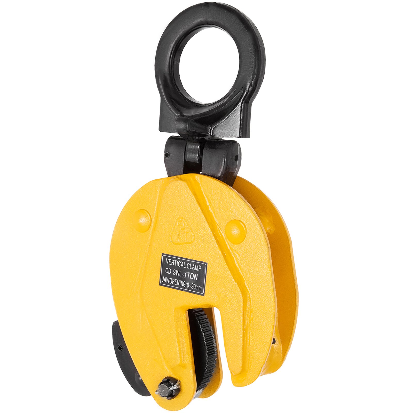 yellow VEVOR plate lifting clamp with black handle and label, vertical clamp mechanism.