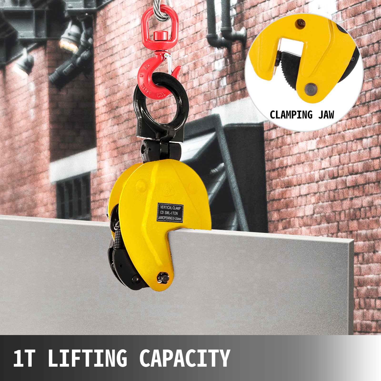 yellow VEVOR plate lifting clamp lifting 1t metal sheet with clamping jaw close-up.