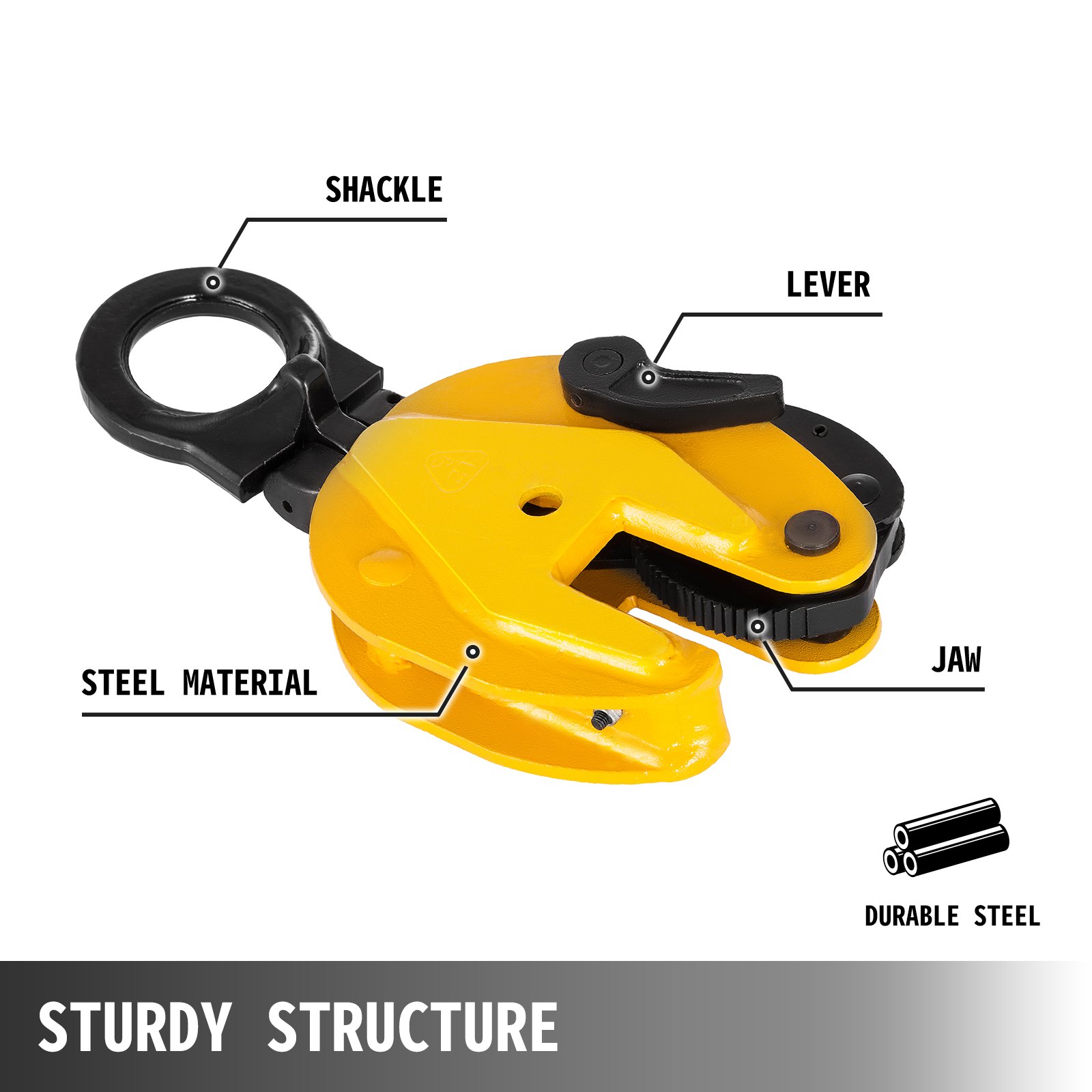 yellow VEVOR plate lifting clamp made of durable steel with labeled parts.