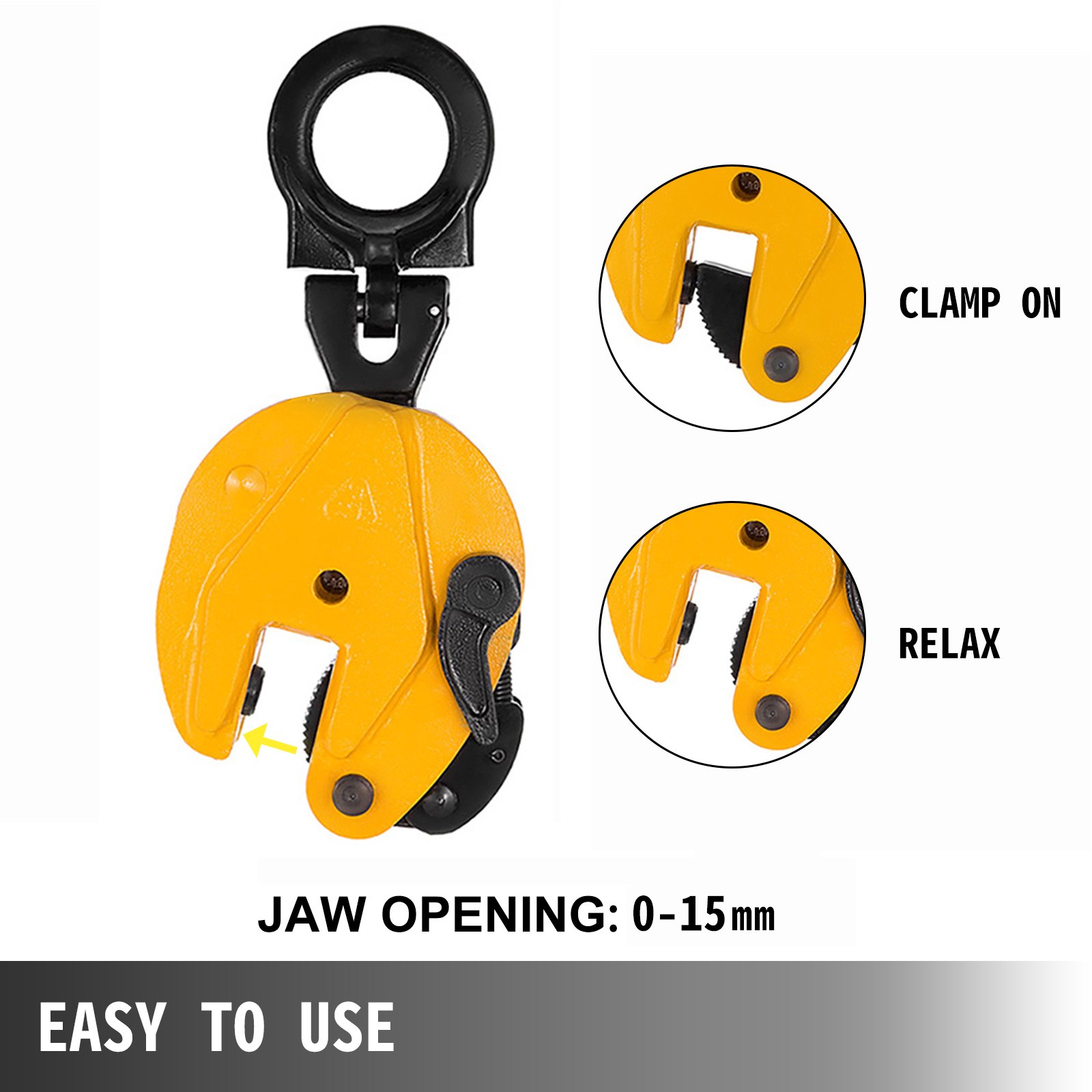 VEVOR plate lifting clamp with 0-15mm jaw opening, easy to use.