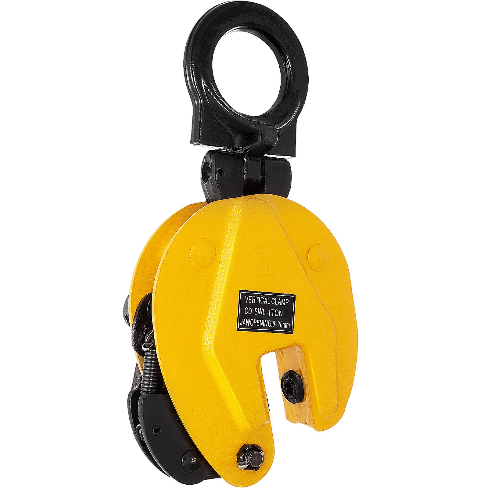 yellow vertical clamp by VEVOR plate lifting clamp with black hook and label.