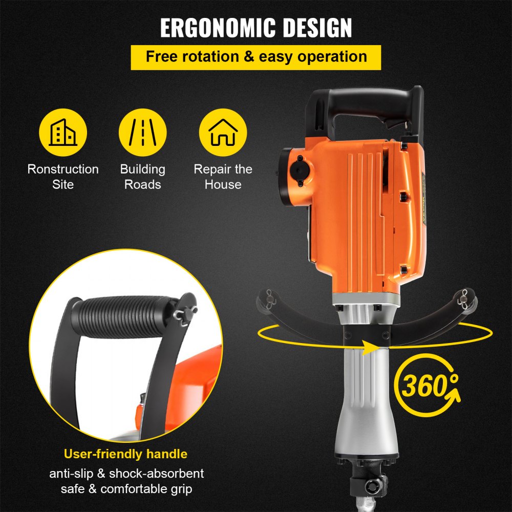 VEVOR Demolition Hammer, 2200 W Professional Electric Hammer, 50 J Electric Breaker, 2000 BPM Jack Hammer for Concrete and Masonry, Electric Demolition Hammer with Flat Chisel and Pointed Chisel