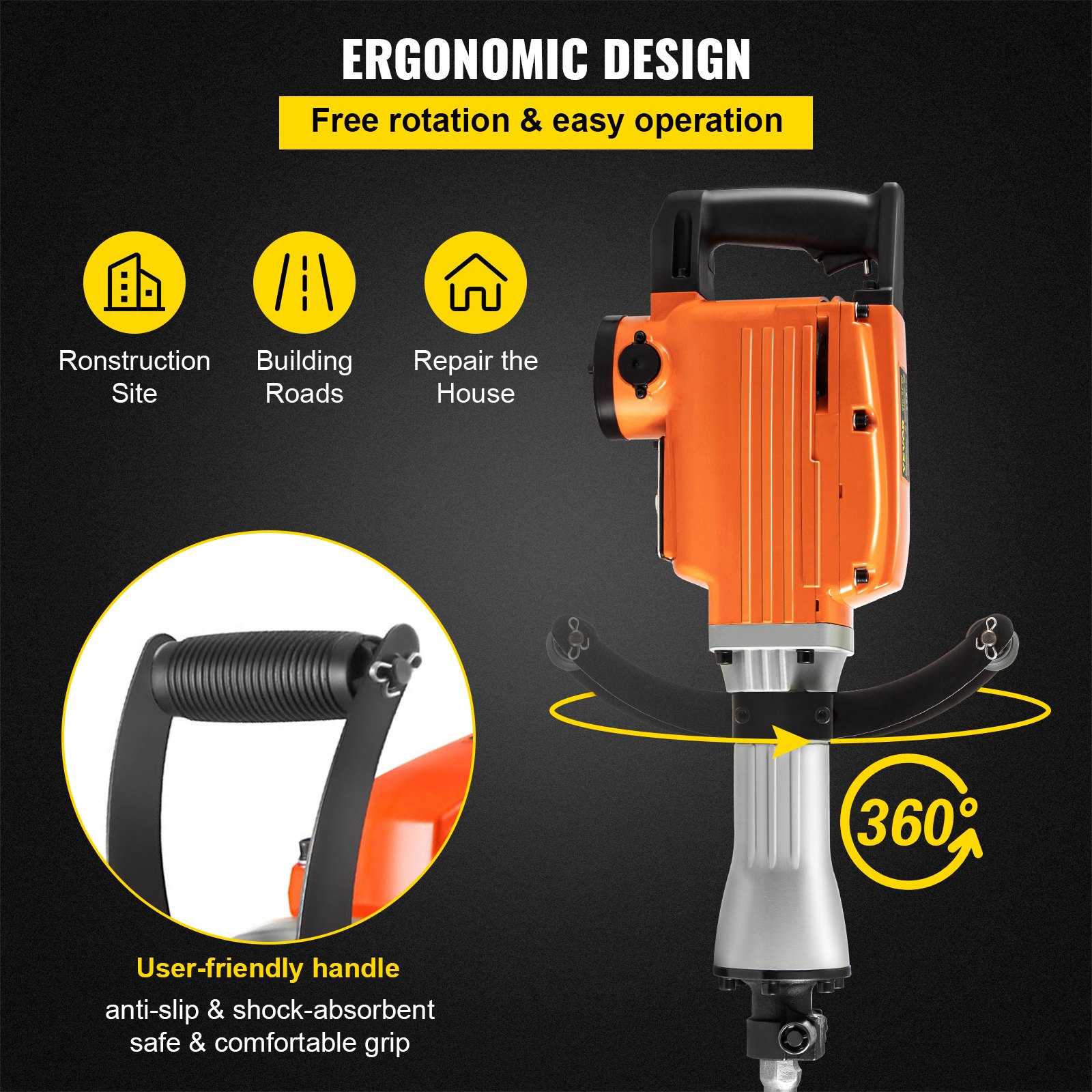 VEVOR Demolition Hammer, 2200 W Professional Electric Hammer, 50 J Electric Breaker, 2000 BPM Jack Hammer for Concrete and Masonry, Electric Demolition Hammer with Flat Chisel and Pointed Chisel
