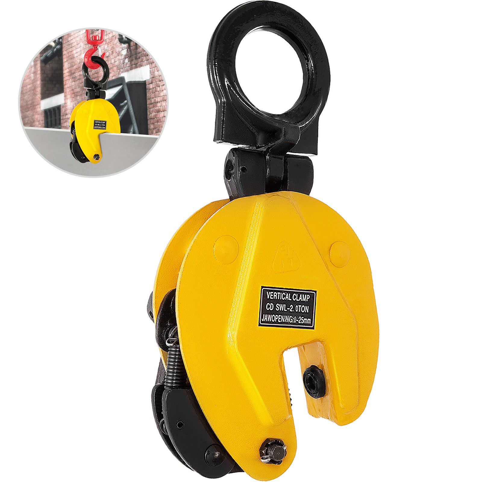 yellow VEVOR plate lifting clamp with black detailing, close-up and in use.