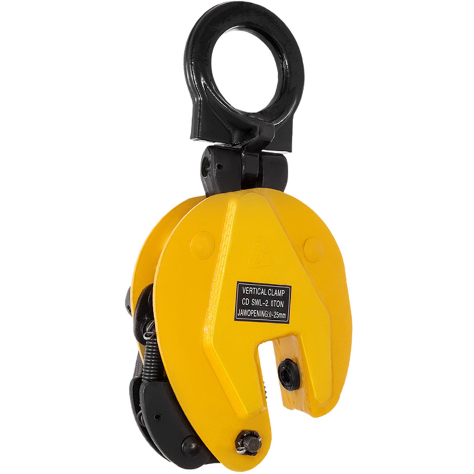 yellow VEVOR plate lifting clamp with black upper hook and labeled specifications.