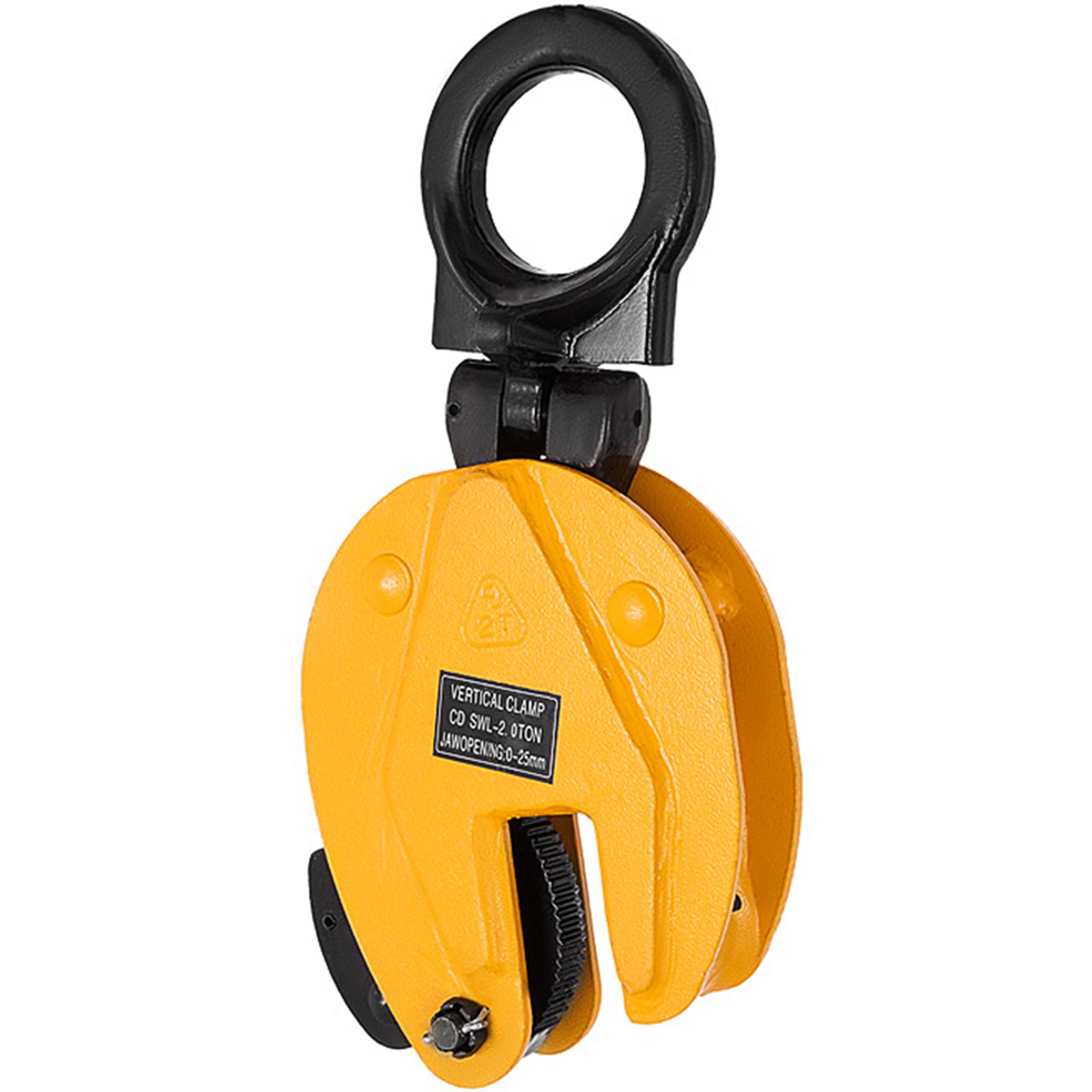 yellow VEVOR plate lifting clamp with black hook and safety label