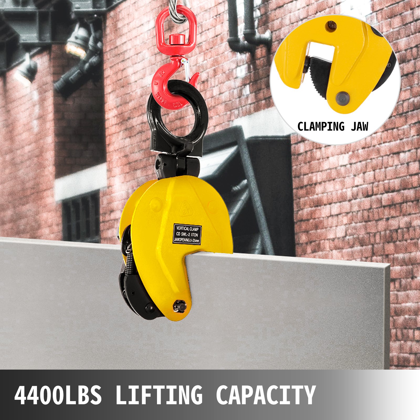 VEVOR plate lifting clamp with 4400lbs capacity, shown with yellow clamping jaw.