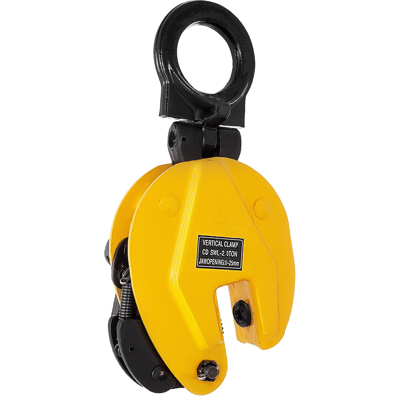 yellow VEVOR plate lifting clamp with black hook, 2-ton capacity, and open jaw.