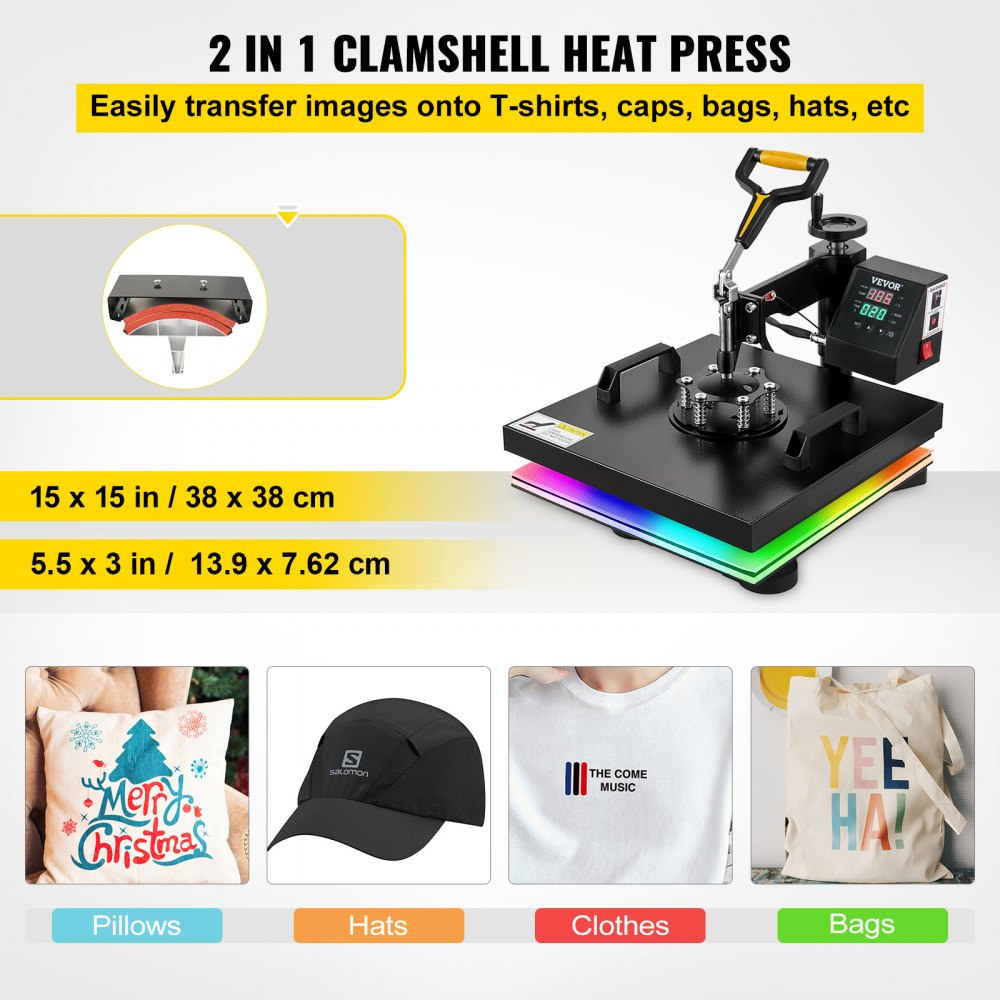 VEVOR Heat Press Machine - 6 in 1 Heat Press Sublimation Machine for DIY T-Shirts/Hats/Mugs/Heat Transfer Projects 12x15 Multifunction Swing Away