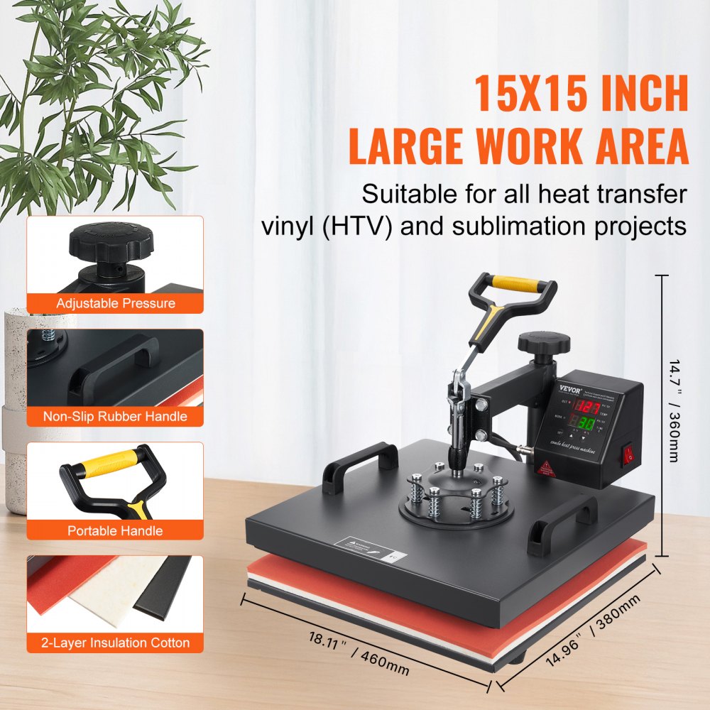VEVOR Heat Press Machine, 15x15inch / 38x38cm, 2IN1 Clamshell Sublimation Transfer Printer with Teflon Coating, Digital Precise Heat Control, Powerpress for T-shirts Hats Caps
