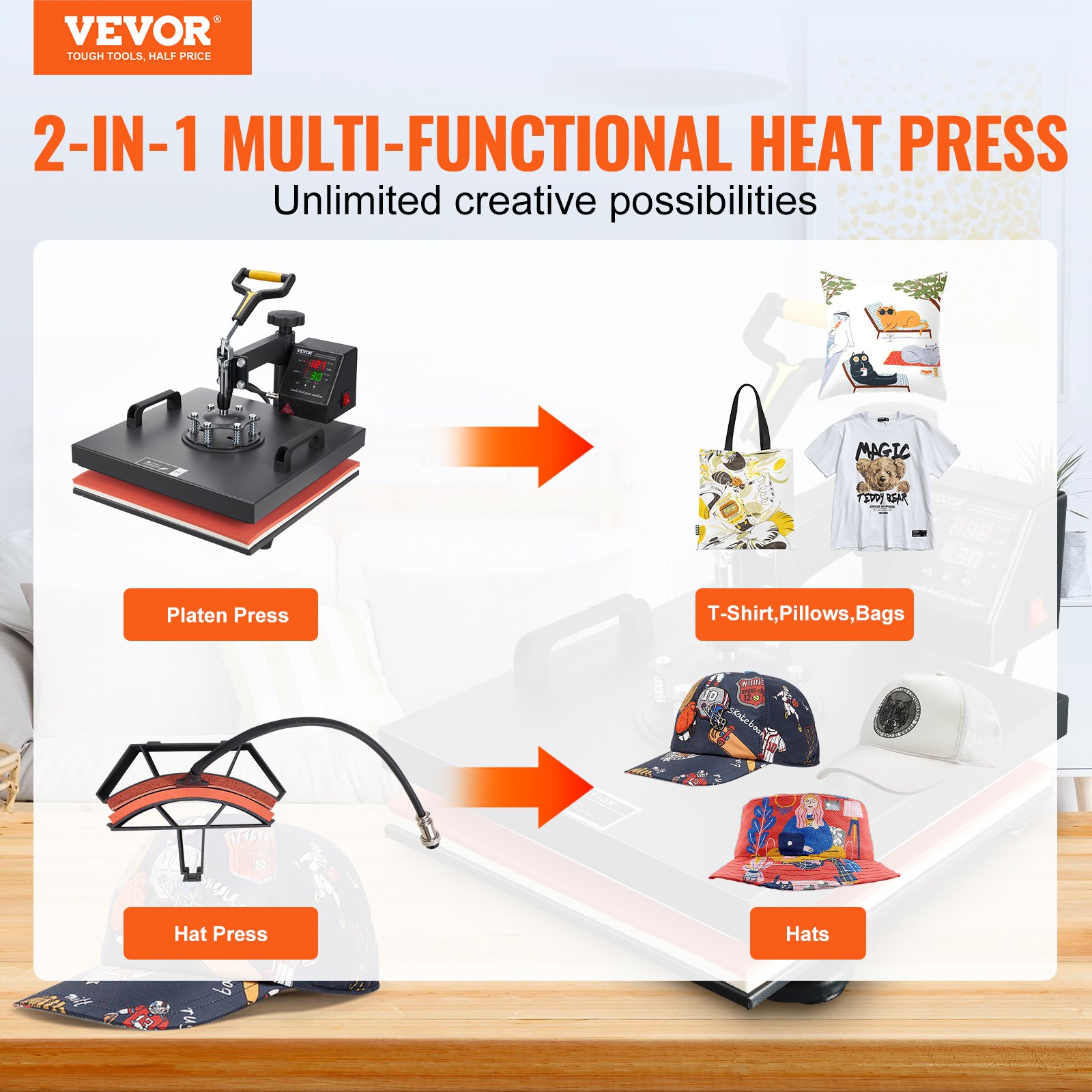 VEVOR Heat Press Machine, 15x15inch / 38x38cm, 2IN1 Clamshell Sublimation Transfer Printer with Teflon Coating, Digital Precise Heat Control, Powerpress for T-shirts Hats Caps