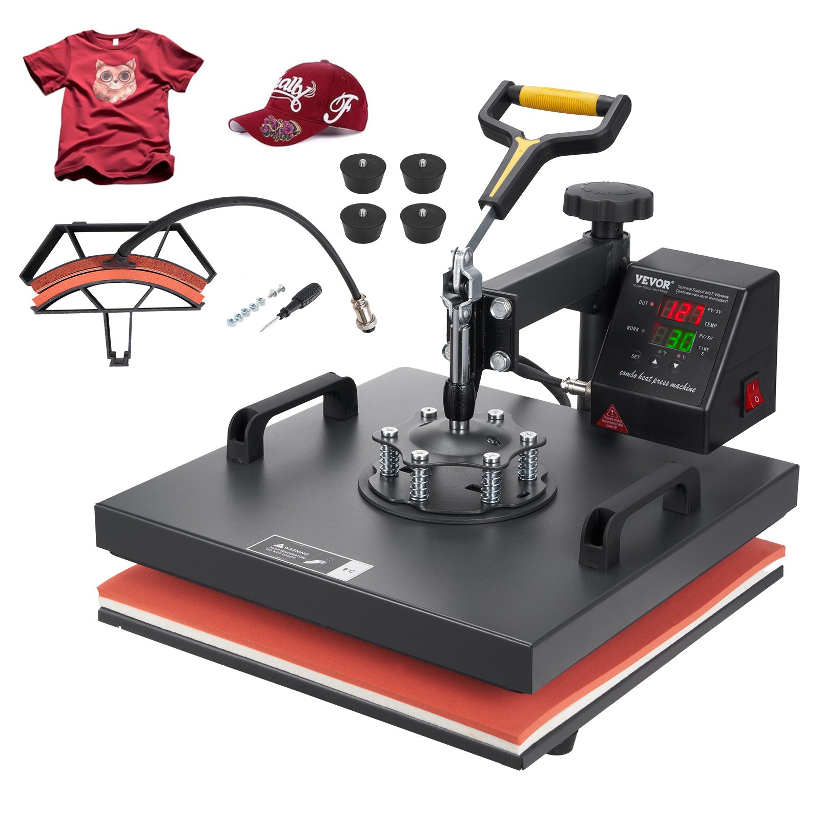 VEVOR Heat Press Machine, 15x15inch / 38x38cm, 2IN1 Clamshell Sublimation Transfer Printer with Teflon Coating, Digital Precise Heat Control, Powerpress for T-shirts Hats Caps