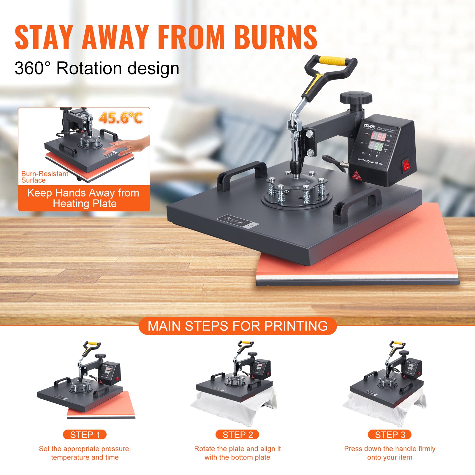 VEVOR Heat Press Machine, 15x15inch / 38x38cm, 2IN1 Clamshell Sublimation Transfer Printer with Teflon Coating, Digital Precise Heat Control, Powerpress for T-Shirts Hats Caps