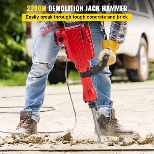 VEVOR Demolition Jack Hammer Jack Hammer Concrete Breaker 1200 BPM Heavy Duty Electric Jack Hammer 3 Chisel Bit W/Gloves & 360° Swiveling Front Handle for Trenching, Chipping, Breaking Holes