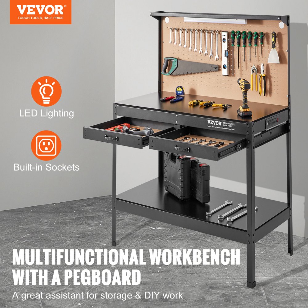 VEVOR Workbench A3 Steel Work Bench for Garage Max 1500W Heavy Duty Workbench 220lbs Weight Capacity 0.47 Bench Top Thickness Hardwood Workbench
