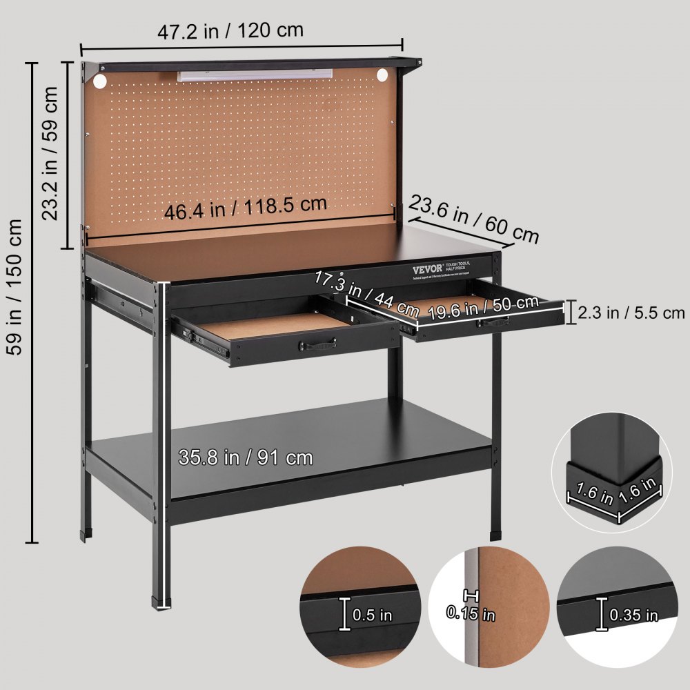 VEVOR Workbench A3 Steel Work Bench For Garage max. 1500W Heavy Duty Workbench 220lbs Weight Capacity 0.47" Bench top Thickness Hardwood Workbench 1.5m Cable 4xAC outlets 2xUSB ports 30xHooks