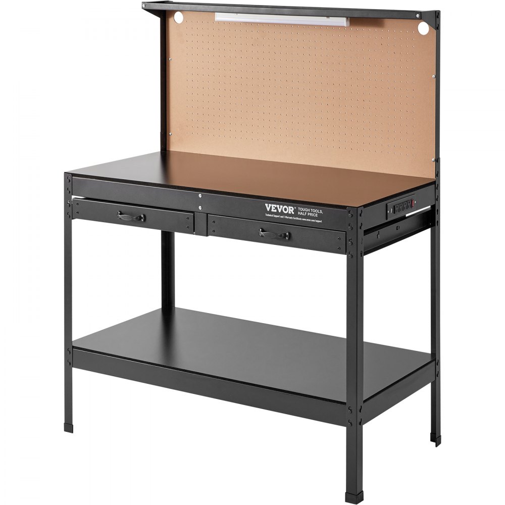 VEVOR Workbench A3 Steel Work Bench For Garage max. 1500W Heavy Duty Workbench 220lbs Weight Capacity 0.47" Bench top Thickness Hardwood Workbench 1.5m Cable 4xAC outlets 2xUSB ports 30xHooks