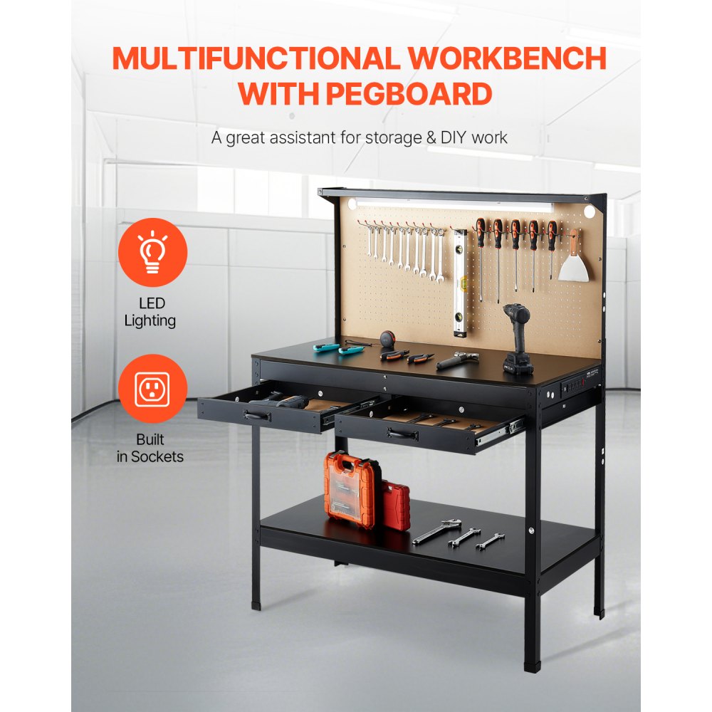 VEVOR Hardwood Workbench, 242.5 lbs Weight Capacity, 47.2-inch Heavy Duty Workbench with Pegboard, 4 AC Outlets & 2 USB Ports, 1.5m Cable & 30 Hooks, Garage Work Bench with Drawer for Workshop