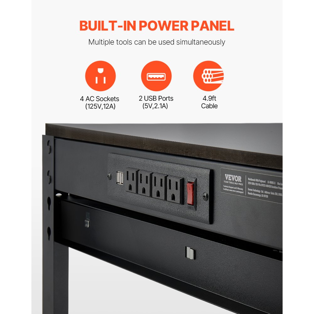 VEVOR Hardwood Workbench, 242.5 lbs Weight Capacity, 47.2-inch Heavy Duty Workbench with Pegboard, 4 AC Outlets & 2 USB Ports, 1.5m Cable & 30 Hooks, Garage Work Bench with Drawer for Workshop