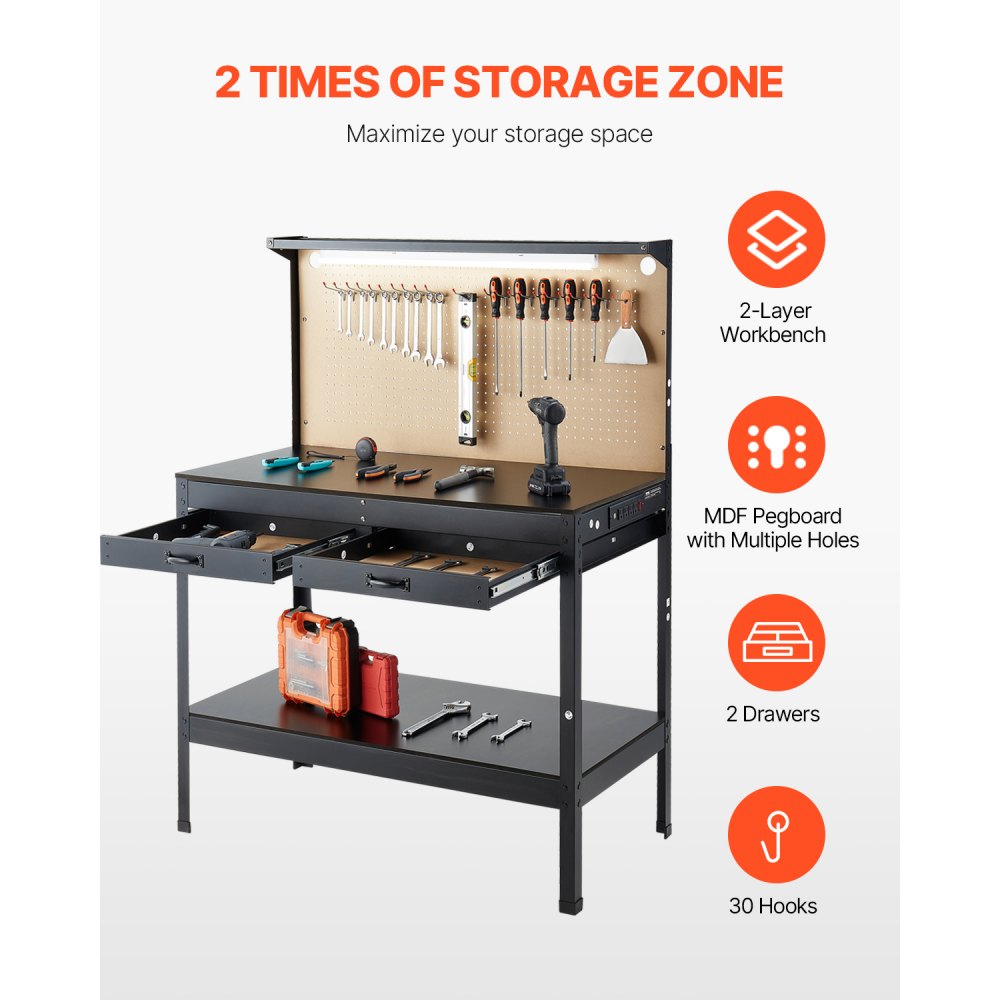 VEVOR Hardwood Workbench, 242.5 lbs Weight Capacity, 47.2-inch Heavy Duty Workbench with Pegboard, 4 AC Outlets & 2 USB Ports, 1.5m Cable & 30 Hooks, Garage Work Bench with Drawer for Workshop