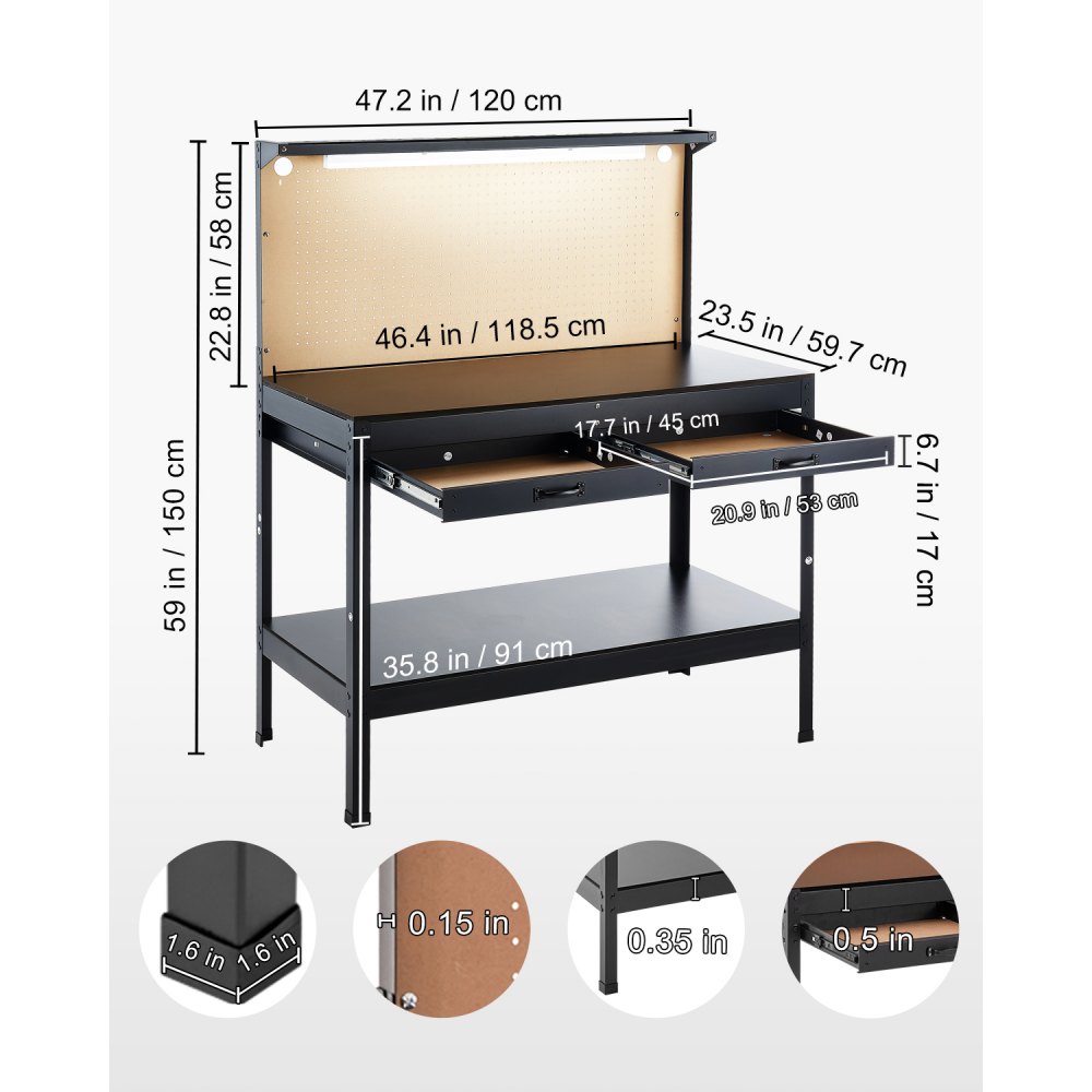VEVOR Hardwood Workbench, 242.5 lbs Weight Capacity, 47.2-inch Heavy Duty Workbench with Pegboard, 4 AC Outlets & 2 USB Ports, 1.5m Cable & 30 Hooks, Garage Work Bench with Drawer for Workshop