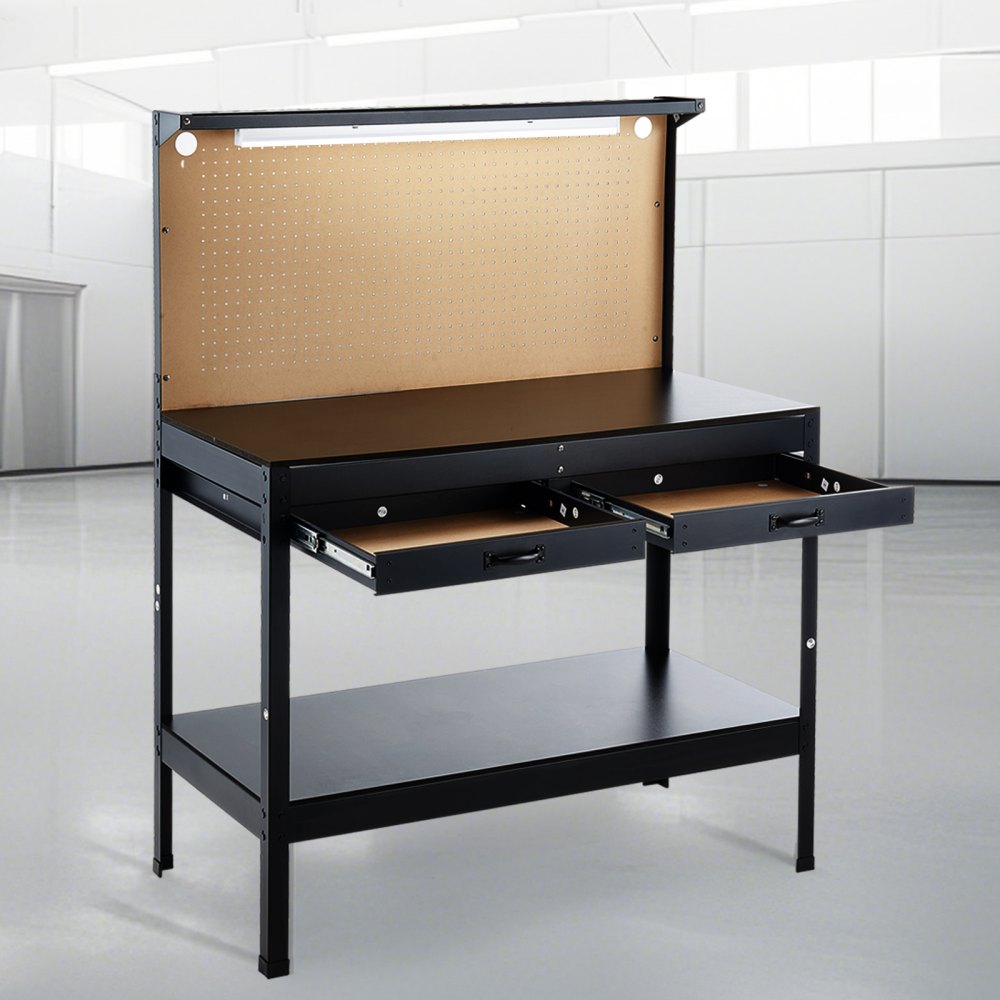 VEVOR Hardwood Workbench, 242.5 lbs Weight Capacity, 47.2-inch Heavy Duty Workbench with Pegboard, 4 AC Outlets & 2 USB Ports, 1.5m Cable & 30 Hooks, Garage Work Bench with Drawer for Workshop