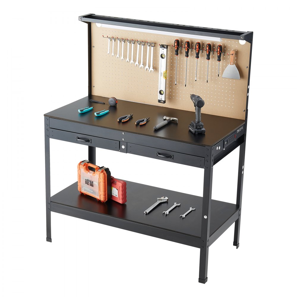 VEVOR Hardwood Workbench, 242.5 lbs Weight Capacity, 47.2-inch Heavy Duty Workbench with Pegboard, 4 AC Outlets & 2 USB Ports, 1.5m Cable & 30 Hooks, Garage Work Bench with Drawer for Workshop