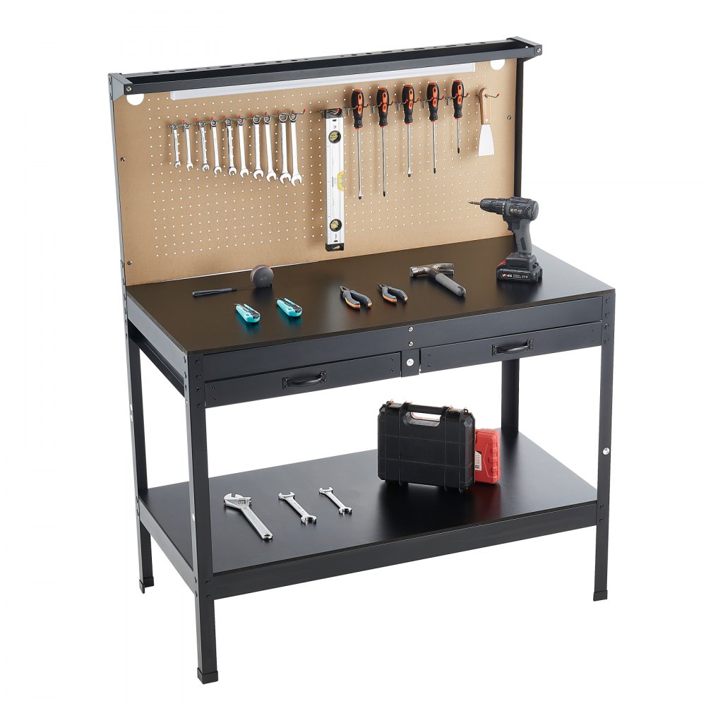 VEVOR Hardwood Workbench, 242.5 lbs Weight Capacity, 47.2-inch Heavy Duty Workbench with Pegboard, 4 AC Outlets & 2 USB Ports, 1.5m Cable & 30 Hooks, Garage Work Bench with Drawer for Workshop