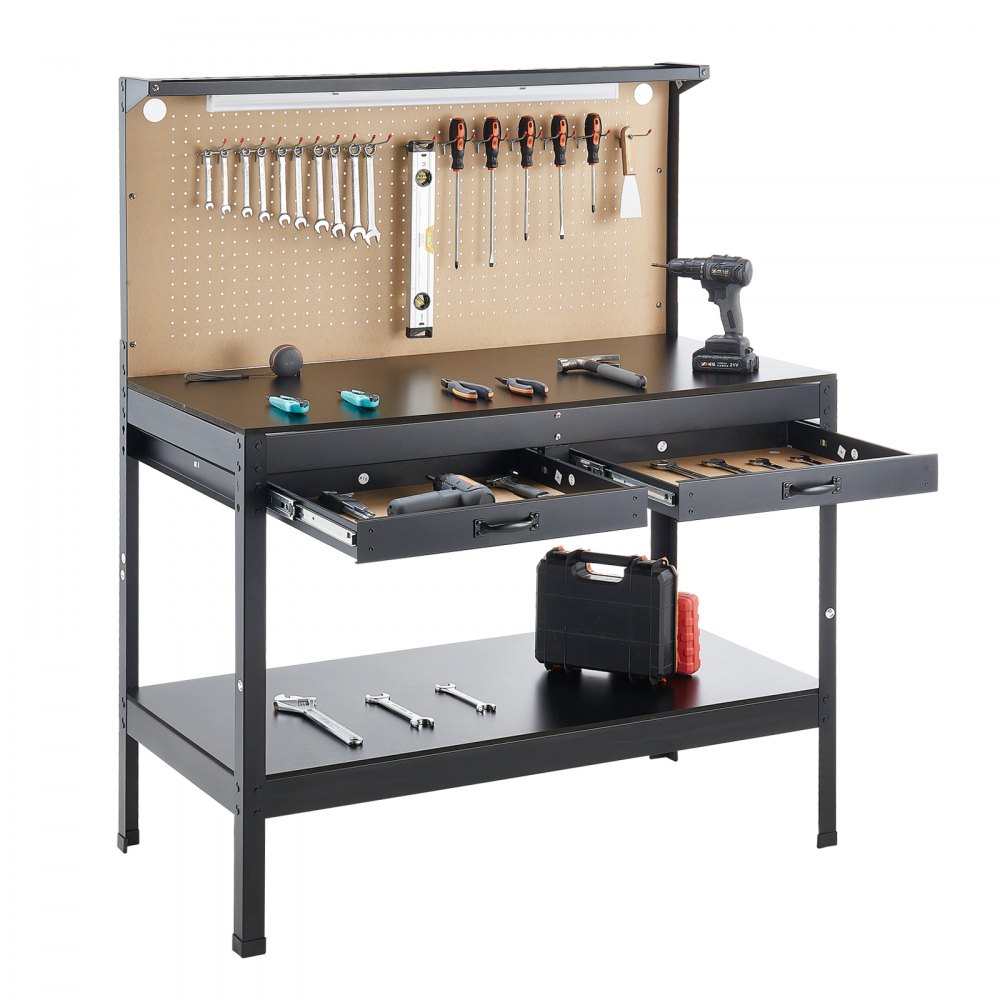 VEVOR Hardwood Workbench, 242.5 lbs Weight Capacity, 47.2-inch Heavy Duty Workbench with Pegboard, 4 AC Outlets & 2 USB Ports, 1.5m Cable & 30 Hooks, Garage Work Bench with Drawer for Workshop