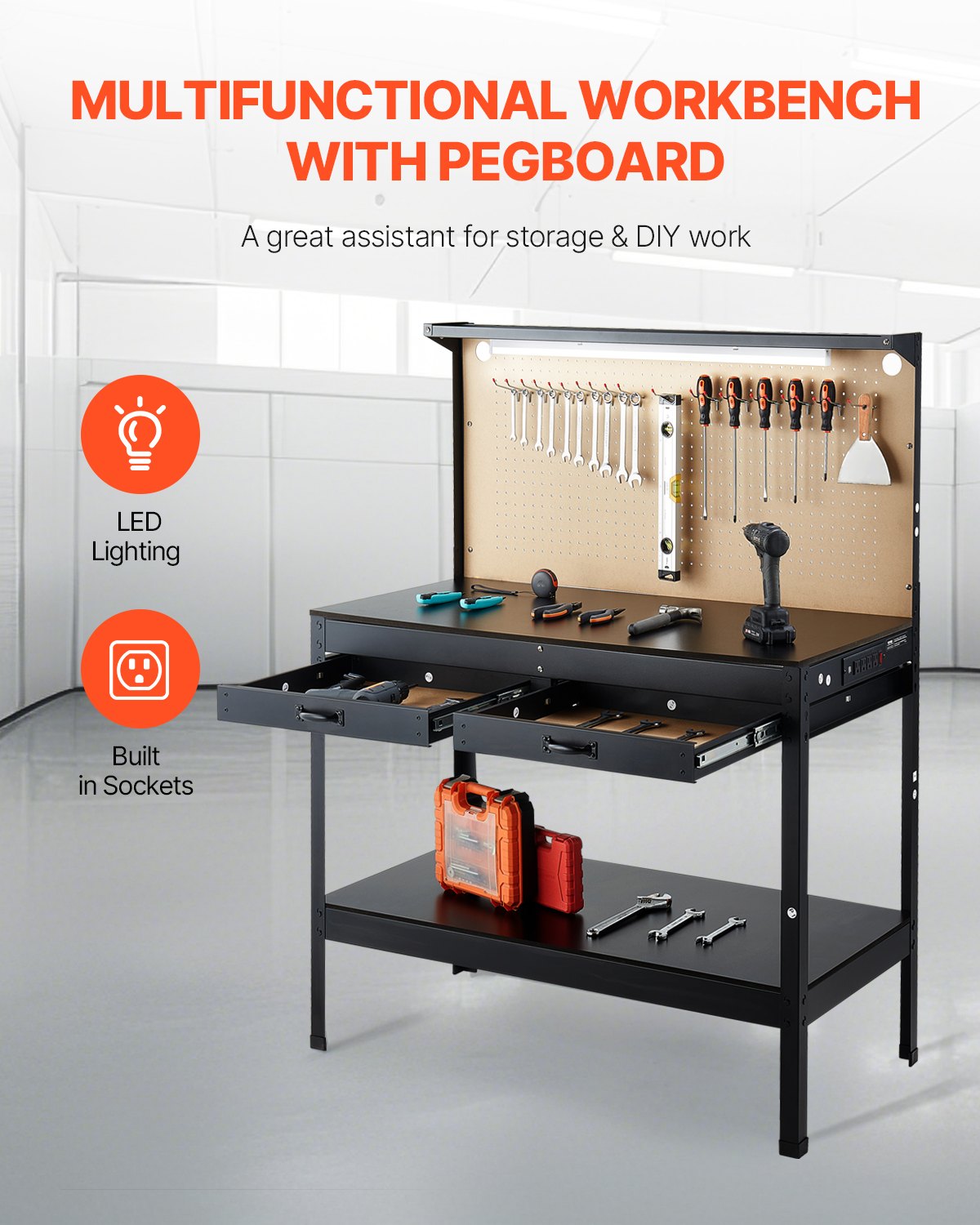 VEVOR Hardwood Workbench, 242.5 lbs Weight Capacity, 47.2-inch Heavy Duty Workbench with Pegboard, 4 AC Outlets & 2 USB Ports, 1.5m Cable & 30 Hooks, Garage Work Bench with Drawer for Workshop