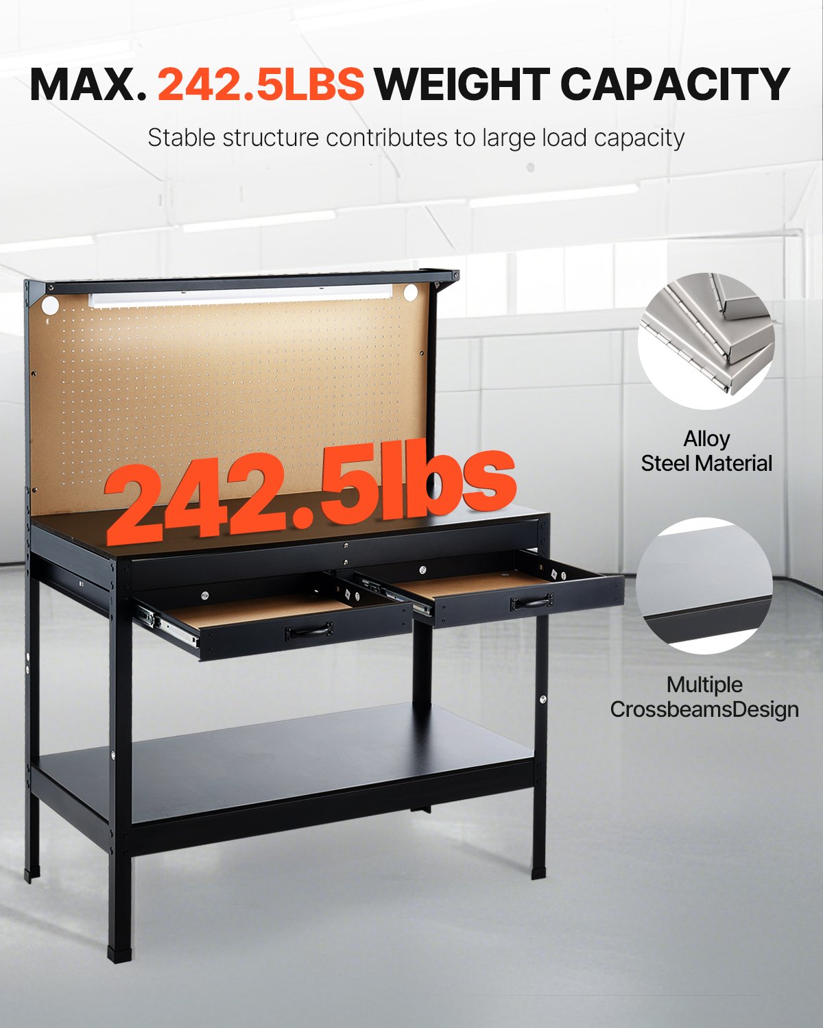 VEVOR Hardwood Workbench, 242.5 lbs Weight Capacity, 47.2-inch Heavy Duty Workbench with Pegboard, 4 AC Outlets & 2 USB Ports, 1.5m Cable & 30 Hooks, Garage Work Bench with Drawer for Workshop