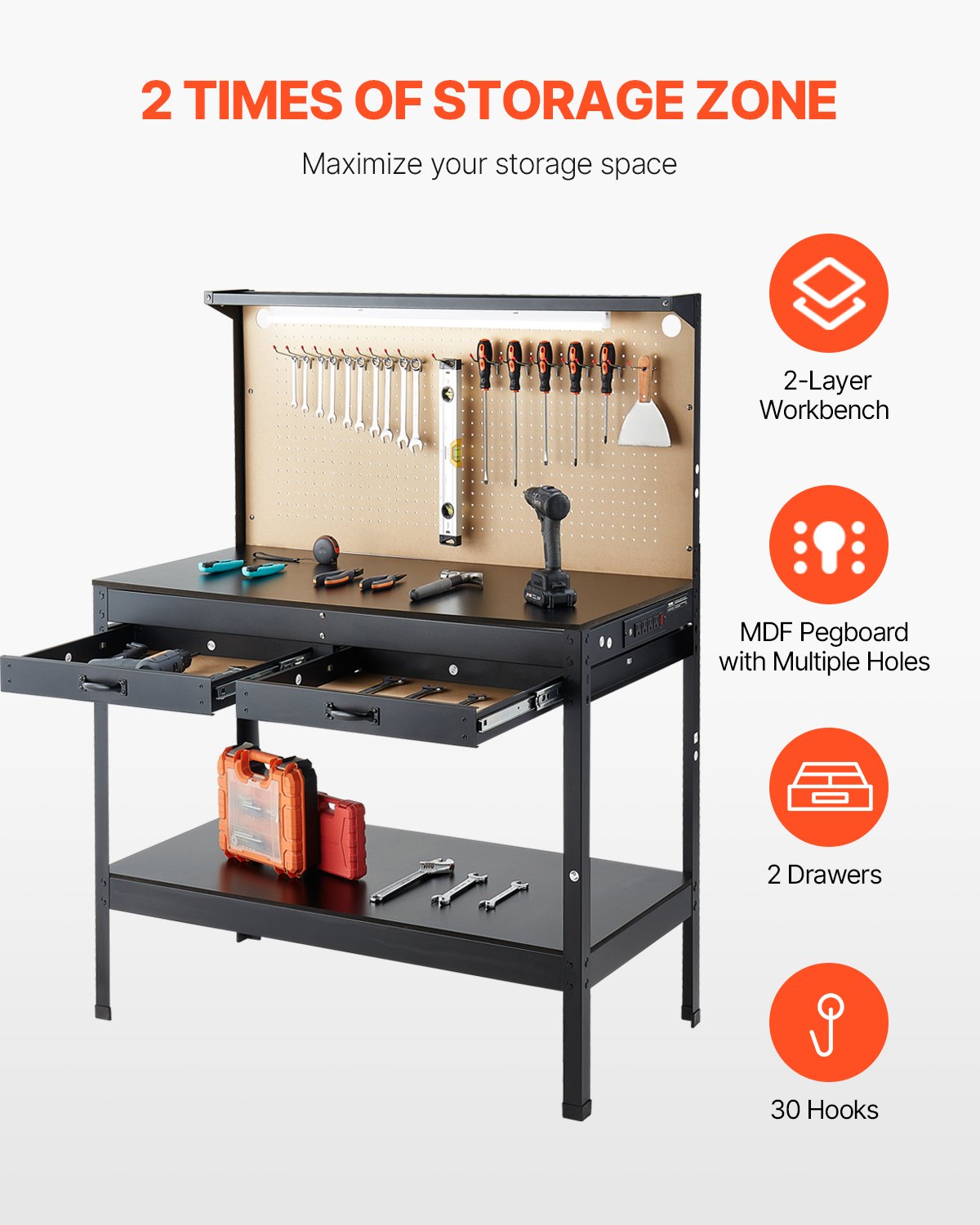 VEVOR Hardwood Workbench, 242.5 lbs Weight Capacity, 47.2-inch Heavy Duty Workbench with Pegboard, 4 AC Outlets & 2 USB Ports, 1.5m Cable & 30 Hooks, Garage Work Bench with Drawer for Workshop