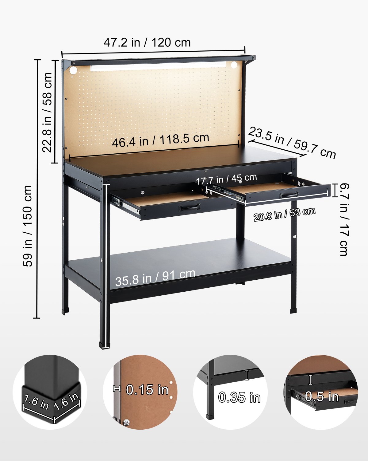 VEVOR Hardwood Workbench, 242.5 lbs Weight Capacity, 47.2-inch Heavy Duty Workbench with Pegboard, 4 AC Outlets & 2 USB Ports, 1.5m Cable & 30 Hooks, Garage Work Bench with Drawer for Workshop